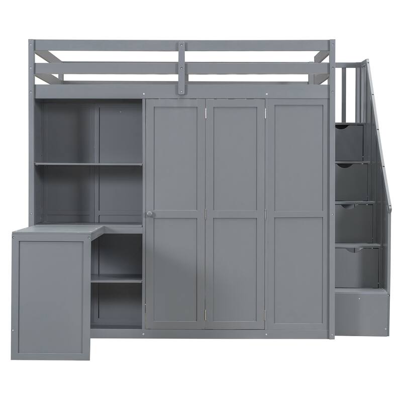 Full Size Loft Bed with Built-in Wardrobe, Desk and Shelves in Modern Gray