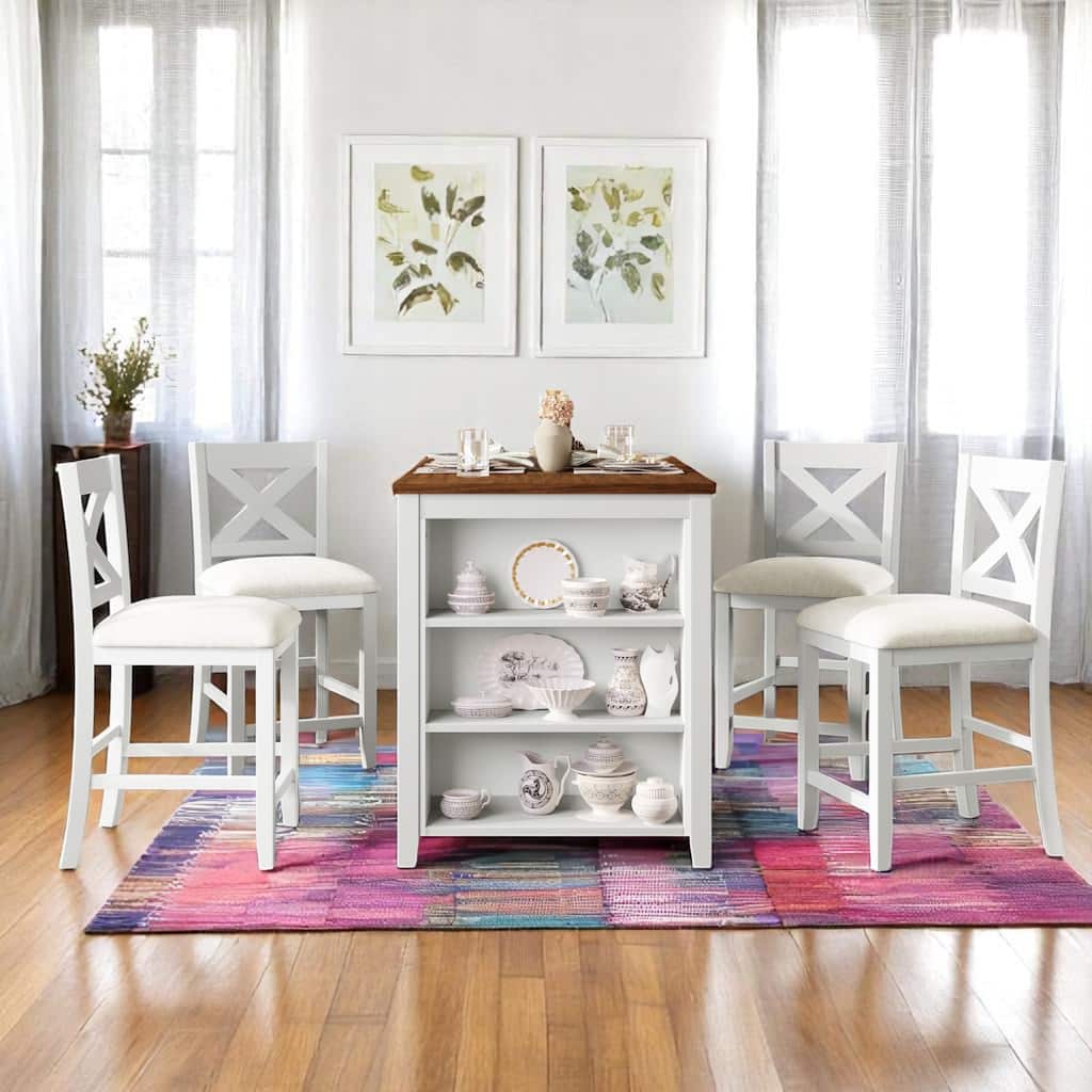5-Piece Counter Height Dining Table Set with 4 Upholstered Chairs, Wood Kitchen Table with 3-Tier Storage Shelf for Dining Room