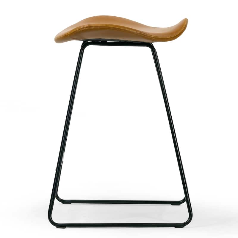 Set of 2 Aoi Brown Faux Leather Backless Counter Stool with Black Metal Legs