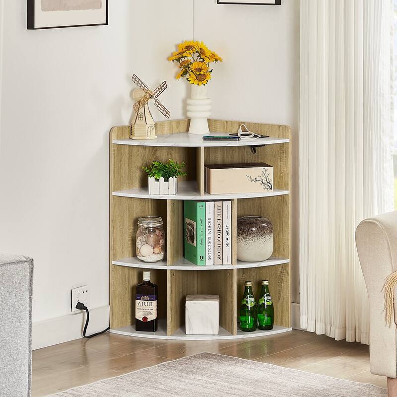 VECELO Corner Cabinet with Charging Station or No Charging Station 3-Tier Bookcase Storage Organizer Triangle Corner Bookcases - With Charging Station - Marble White