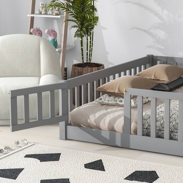 Twin/Full/Queen size Floor Platform Bed with Fence and Door for Kids, Toddlers