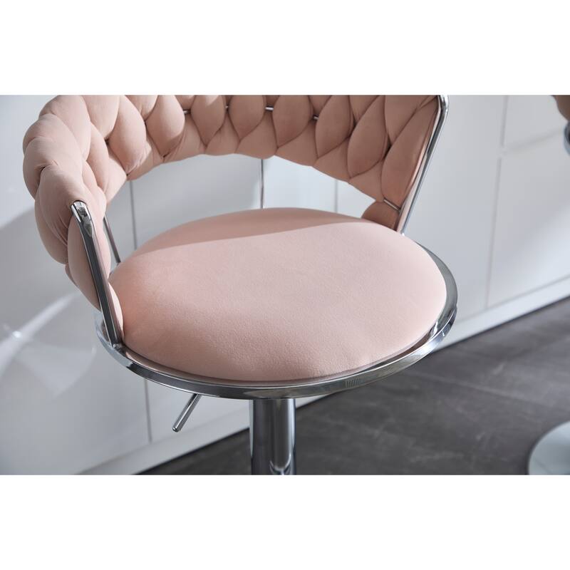 Velvet Bar Stools Set of 2, Kitchen Island Stools with Adjustable Height, Swivel Bar Stool with Chrome Footrest