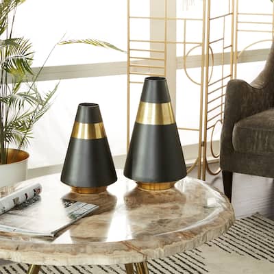 Distinct Metal Vase with Gold Band (Set of 2) - Black or White