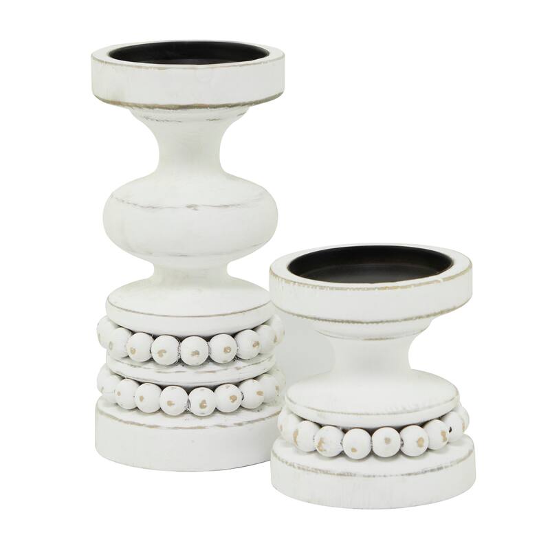 Brown or White Wood Beaded Pillar Candle Holder (Set of 2)