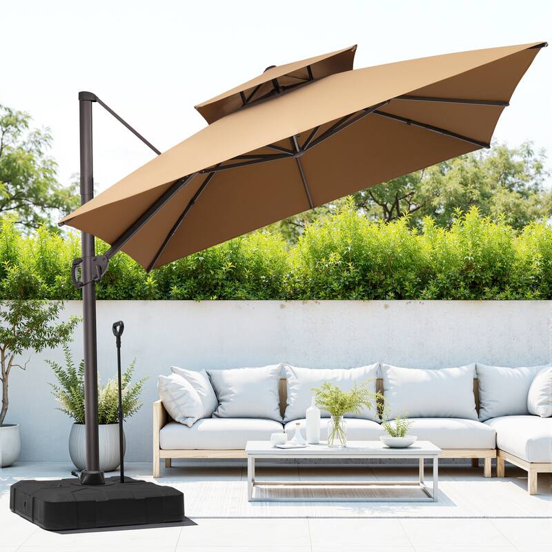 Outdoor 10FT Square Patio Cantilever-Offset Umbrella with Base - Tan