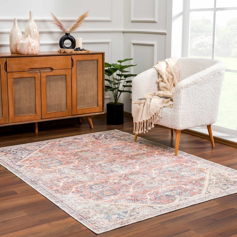 Hauteloom Georgia Machine Washable Persian Oriental Traditional Area Rug - 7'10" x 10'2" - Peach, Pink, Aqua, Dark Blue, Brown, Off White