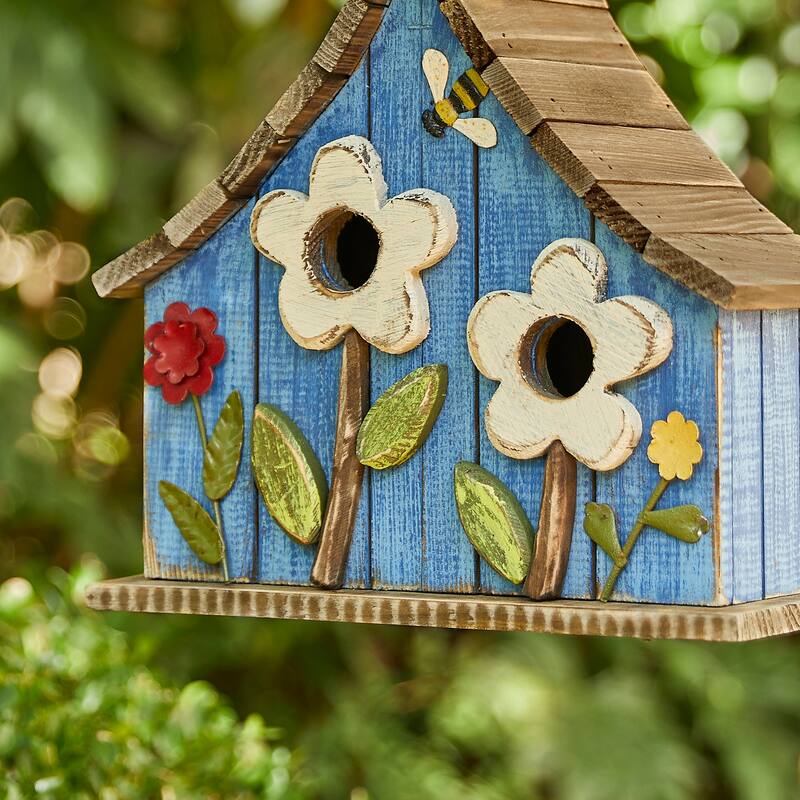 Glitzhome 10.5"H Distressed Solid Wood Birdhouse with 3D Flowers - 10.5"