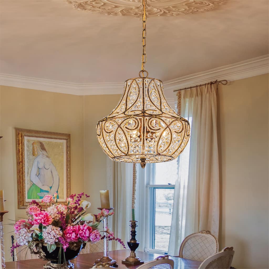 Vintage Glam 4-Light Antique Brass Crystal Chandelier - Antique Brass