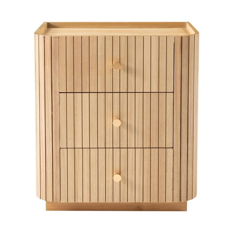 COZAYH Modern Farmhouse 3-Drawer Nightstand with Vertical Wood Slats, Curved Edge, Metal Handles, Tray Top. Fully Assembled