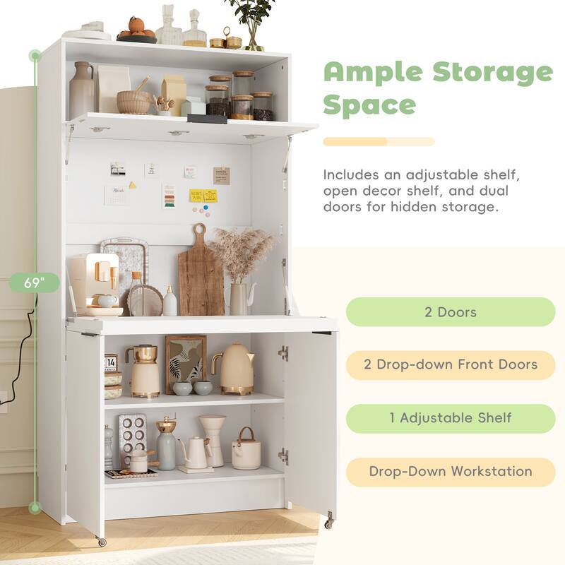 Compact Kitchen Pantry Storage Cabinet, 69" H Buffet Sideboard Server Table with Drop-Down Workstation & Power Outlet