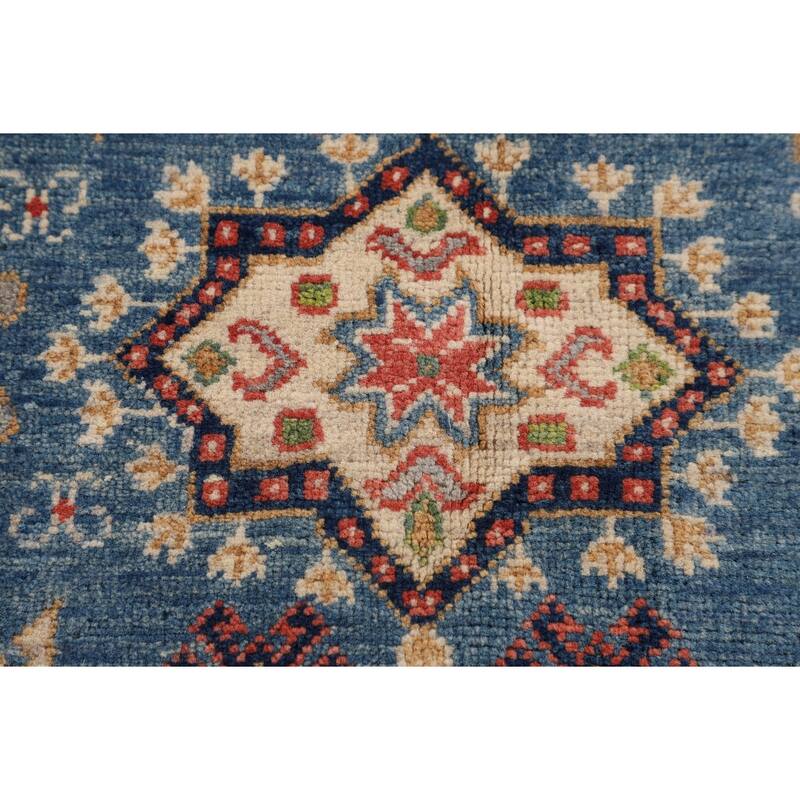 Blue Geometric Kazak Accent Rug Handmade Wool Carpet - 2'8" x 4'3"