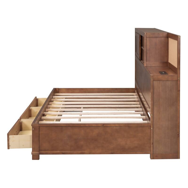 Twin/Full Size Wood Daybed Frame with Storage Drawers, Shelves and Charging Station