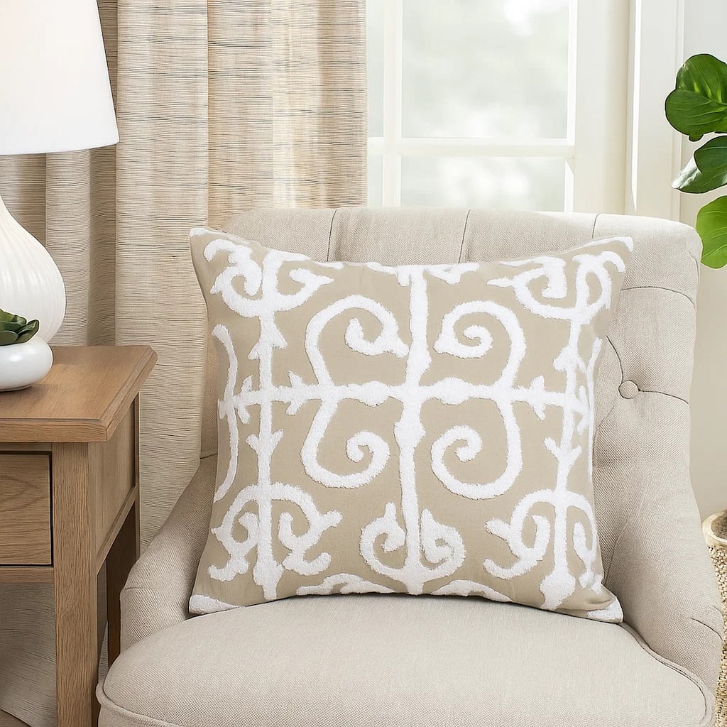 20 X 16 Inch Cotton Pillow with Vermicular Pattern, Set of 2, Brown and White