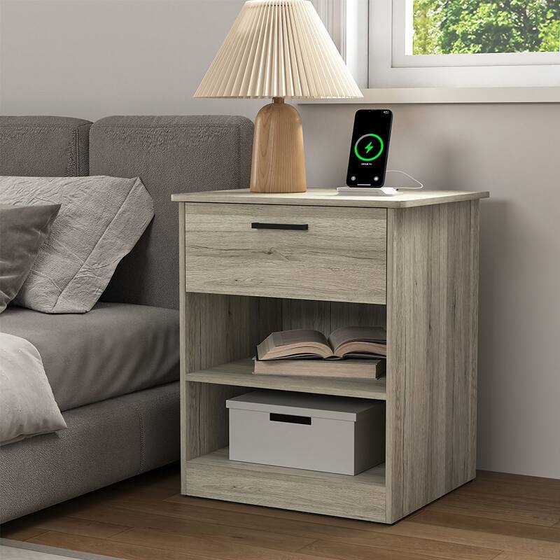 Nightstand with Charging Station,2 USB,Type C,Drawer,Adjustable Shelf - Grey