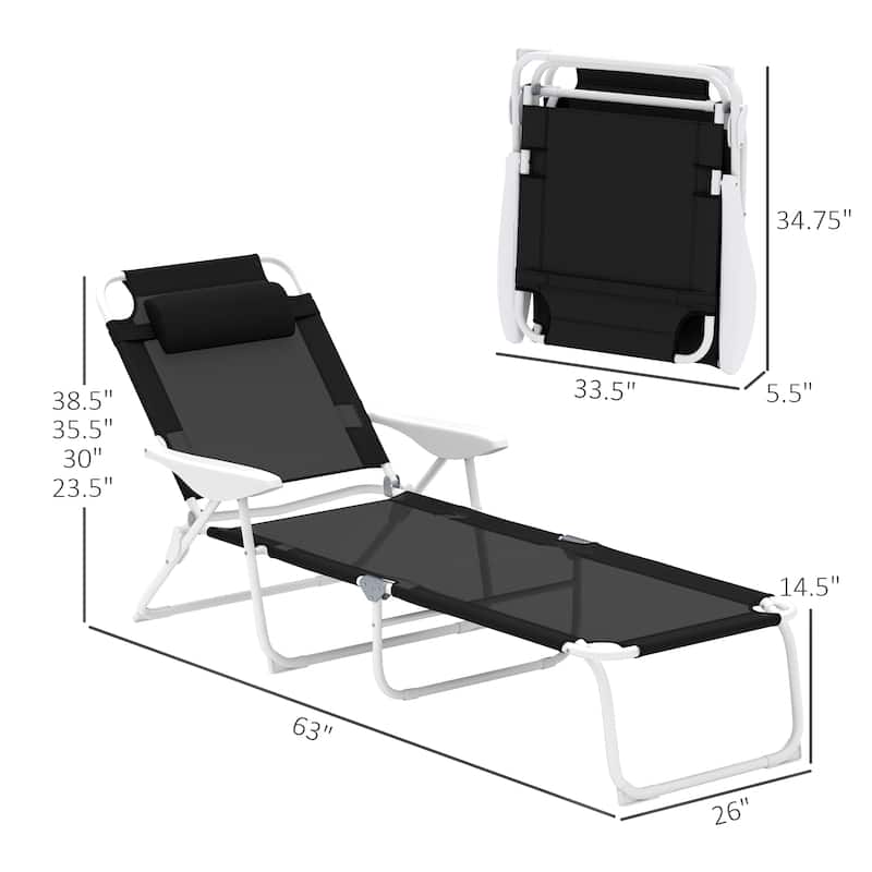 Foldable Adjustable Chaise Lounge Chair with Pillow and Armrests Portable Mesh Sun Lounger for Patio Poolside and Backyard