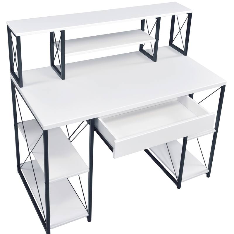 Stylish Office Desk with Hutch, 8 Open Compartments, and Drawer for Organization, Modern Writing Desk with Metal Sled Base