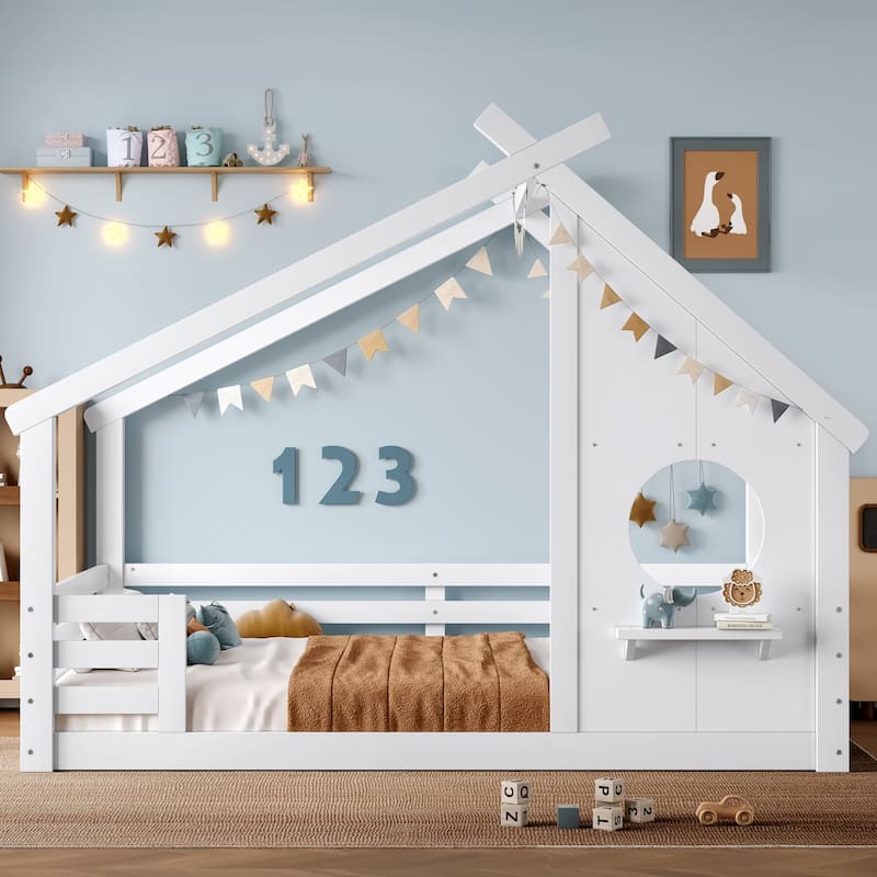 Wooden House Floor Bed, Modern Kids Montessori Playhouse Bed Frame with Window and Roof - White - Full