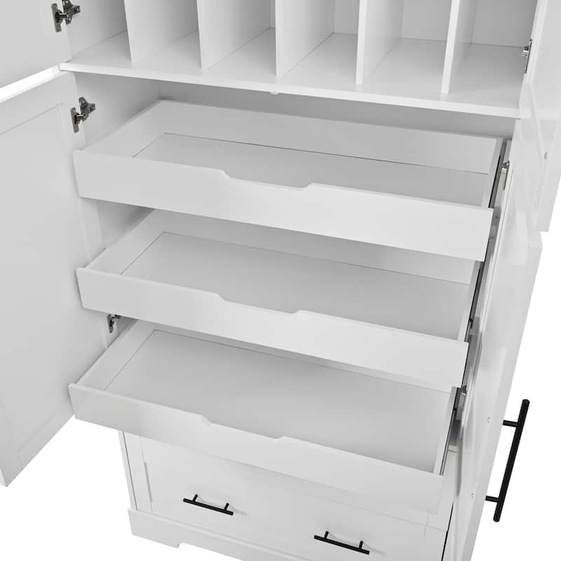Farmhouse Kitchen Pantry, 40"W - 4-Door Freestanding Cabinet with Pull-Out Trays, Drawers & Pan Storag