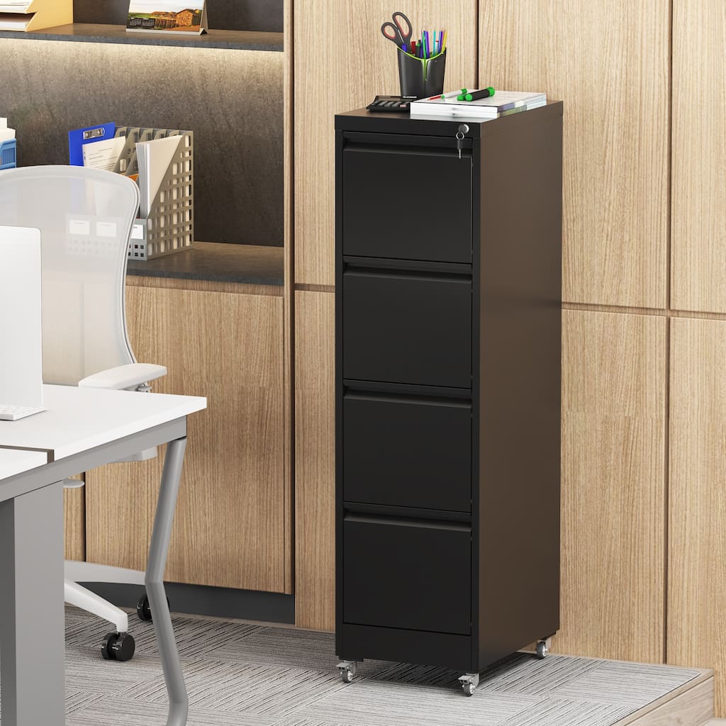 Modern Vertical File Cabinet, Heavy-Duty Lockable Filing Cabinet with 4 Drawer Locks and 4 Wheels, for Home Office, Black