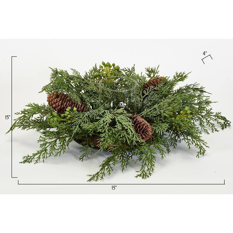 15" Artificial Real Look Cypress Pine Cone Candle Holder Christmas Centerpiece - 15