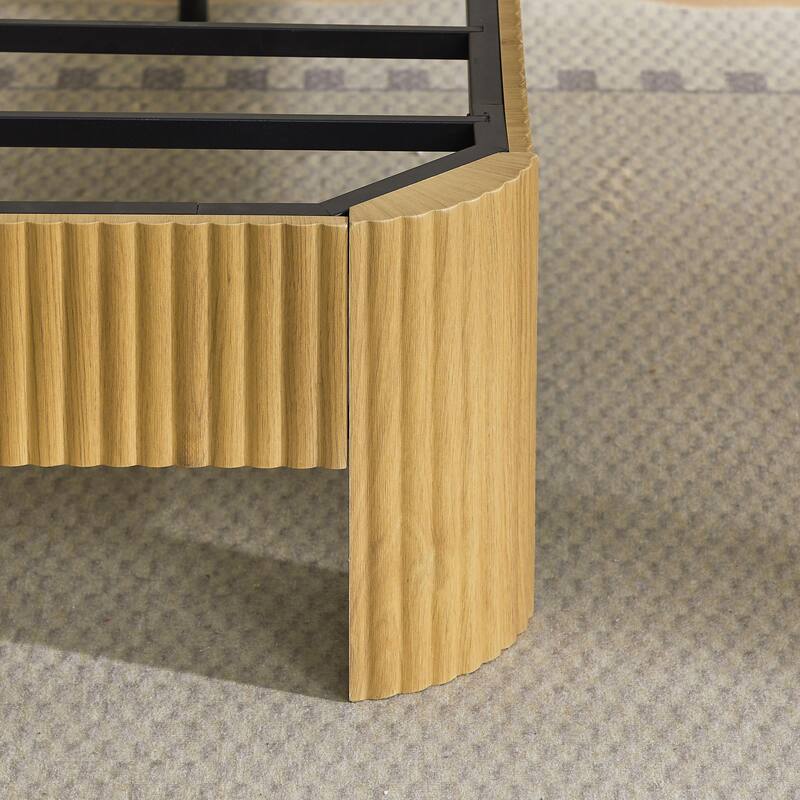 Queen Size Bed Frame with Storage Headboard, Charging Station, Wavy Design, Silent, Metal Support, Natural