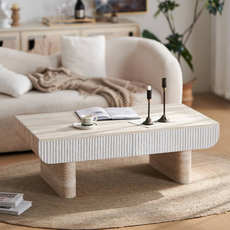 Coffee Table with Faux Marble Tabletop, Mid Century Modern Coffee Table with Fluted Drawer, Coffee Table for Living Room - beige brown