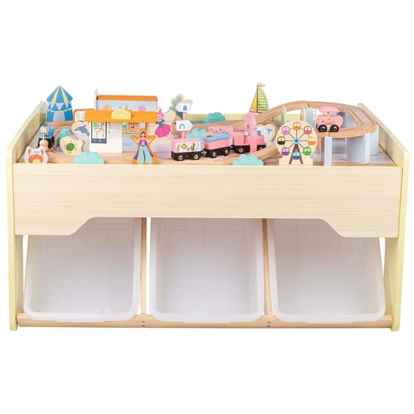 slide 2 of 5, Hey Play 63PC Wooden Train Set with Illustrated Ocean Train Table (Yellow) Yellow