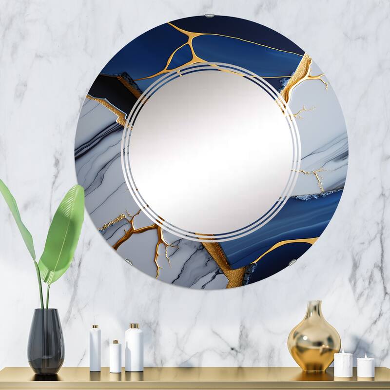 Designart 'Abstract Geode Blue I' Printed Abstract Marble Wall Mirror - 32in.x32in.