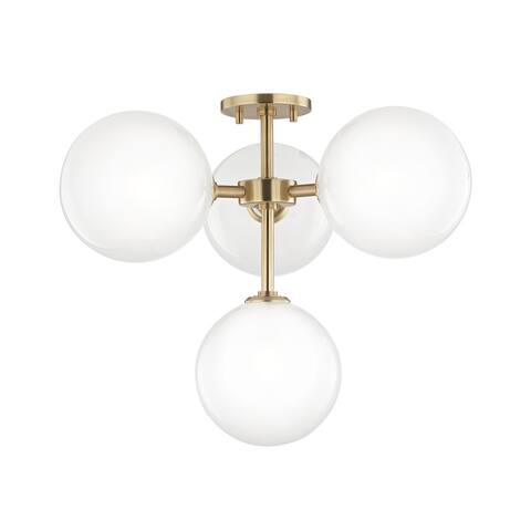 Mitzi by Hudson Valley Ashleigh LED Aged Brass Semi-Flush Mount, Clear Glass Outside Etched Glass Inside