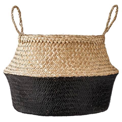 Large Black & Beige Seagrass Folding Basket with Handles