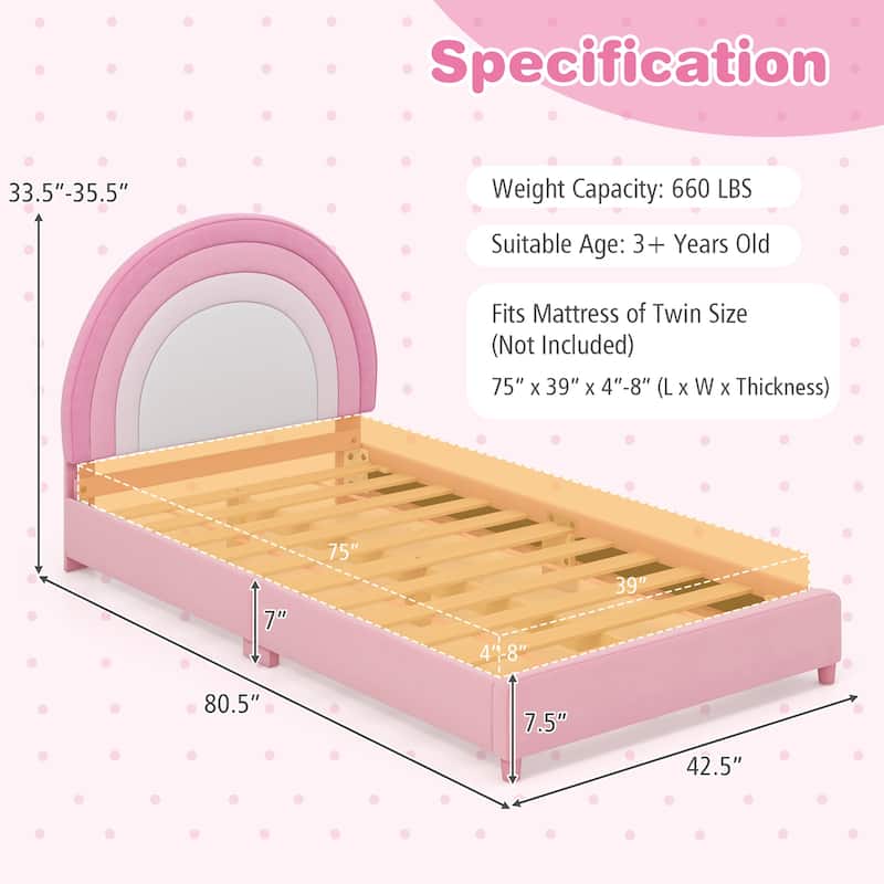 Gymax Kids Twin Platform Bed Frame Upholstered Twin Size Bed w/ Wooden