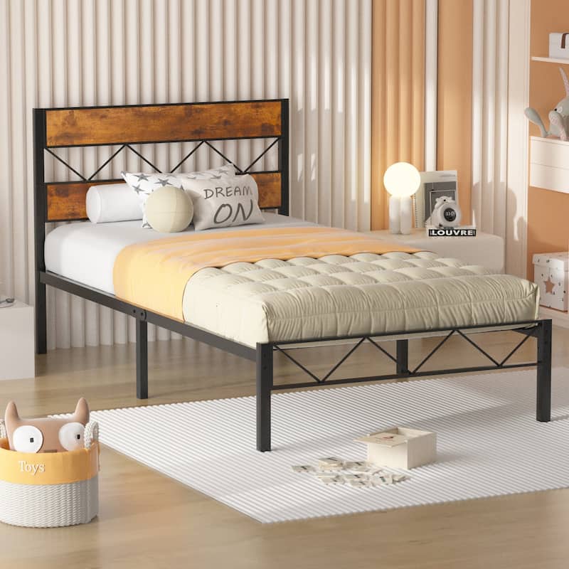 Twin Size Bed Frame Sett Metal Platform Bed with Wood Headboard Footboard Set of 2