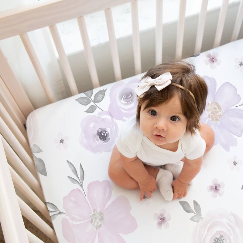 Watercolor Floral Lavender Purple Collection Baby Girl 2 Pack Fitted Crib Sheets Pink Grey White Bohemian Shabby Chic Flower