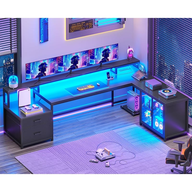 L Shaped Gaming Desk Drawers Computer Desk with Display Cabinet - Black - 2 Drawers 