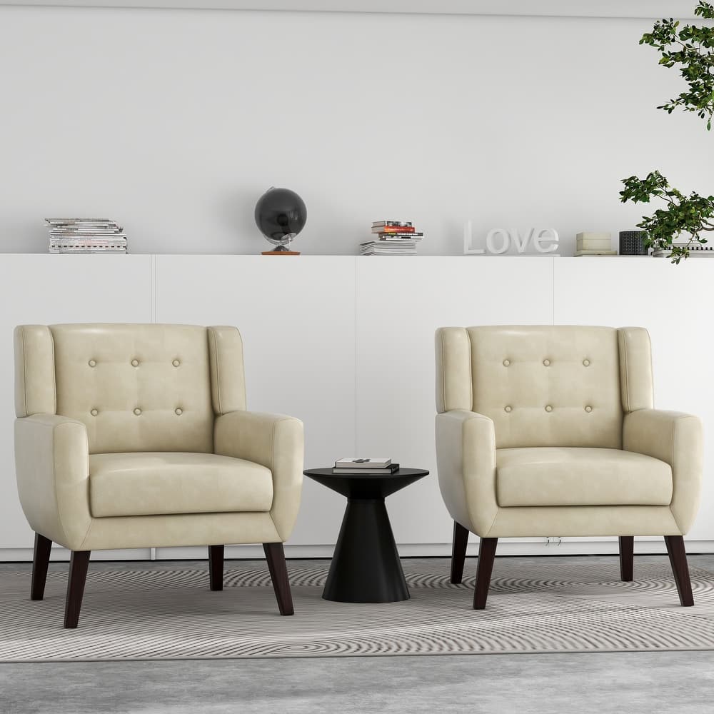 2 Set Modern Tufted Linen Upholstered Accent Chair Faux Leather Armchair