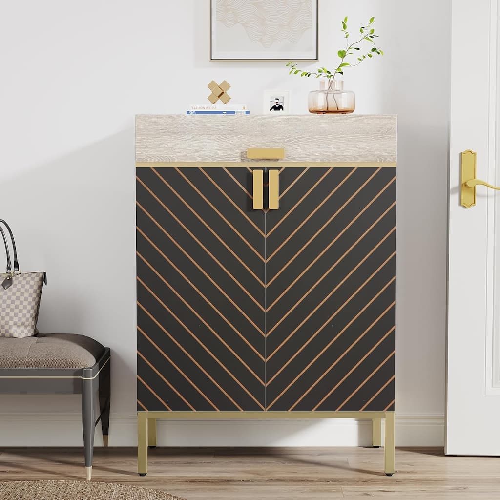 31.49" Grey and Gold Wood 4-Tier Shoe Storage Cabinet