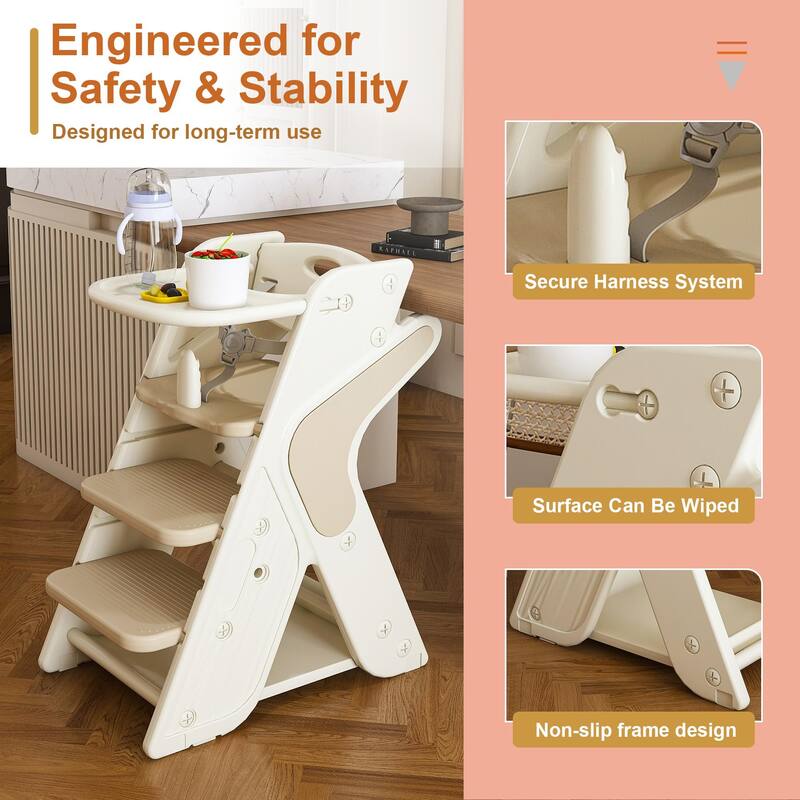 Multi Functional Growing Up Dining Chair,Adjustable Height Toddler Tower,Five-Point Seat Belts And A Movable Large Dinner Plate