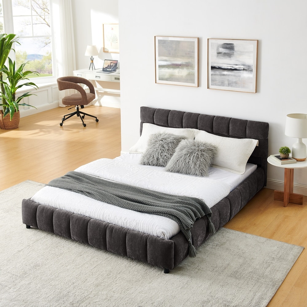 Modern Upholstered Queen Platform Bed Frame w/4 Storage Drawers, Soft Headboard, Grounded Chenille Fabric Bed Frame for Bedroom