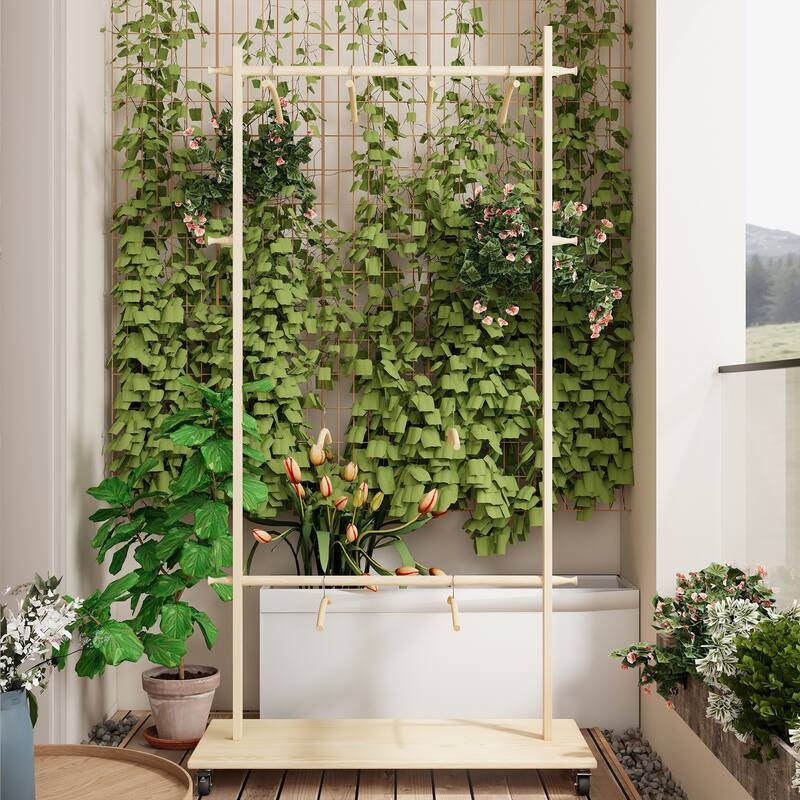 Anmytek Solid Finnish Pine Rolling Garment Rack with 2 Hanging Rods & Shelf, Freestanding Clothes Organizer with Lockable Wheels