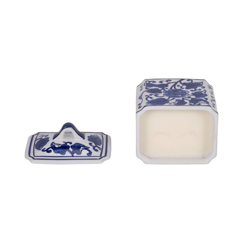 Sagebrook Home Ceramic Candle - 6" Blue/White Chinoiserie with Lid, 13 oz - 5" x 4" x 6"
