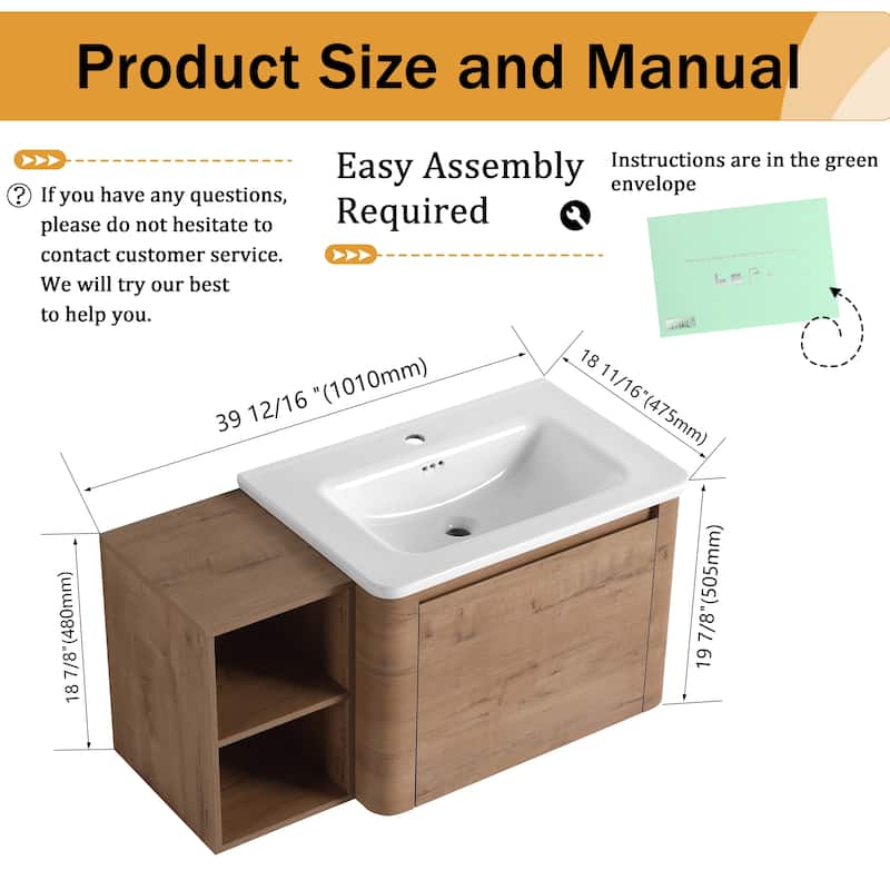 Malwee 28"/40"/52"/68" Floating Bathroom Vanity, Wall Mounted Bathroom Vanity with Ceramic Sink,Soft Close Door and Shelf