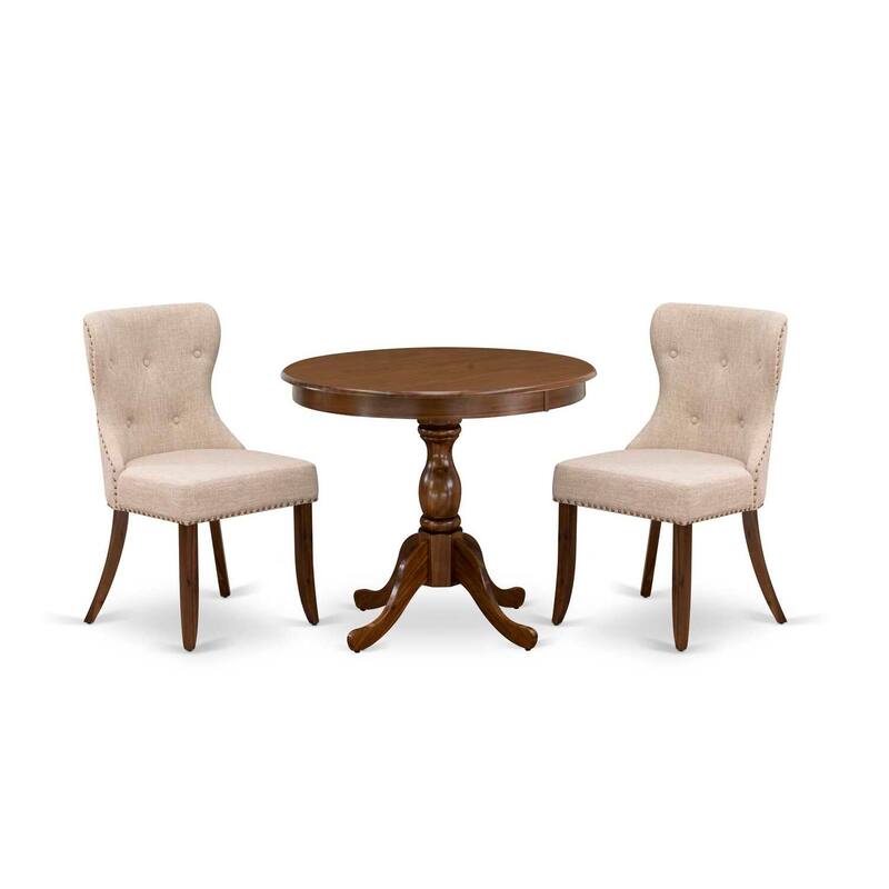 3-Piece Acacia Walnut Finish Solid Wood Top - Button Tufted Dining Room Set - Seats 4