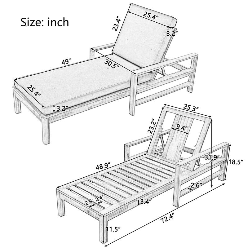 Set of 2 Outdoor Patio Chaise Lounge Chairs, Acacia Wood Adjustable Backrest Recliners for Garden, Terrace, Poolside