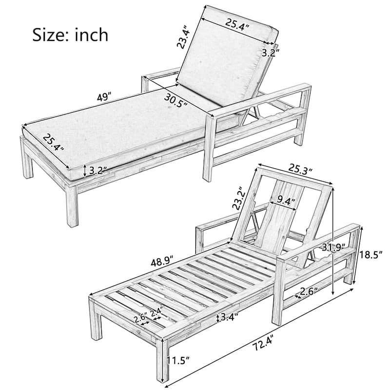 U - Style Acacia Wood Adjustable Backrest Outdoor Lounge Chair for Gardens Terraces and Poolside Areas
