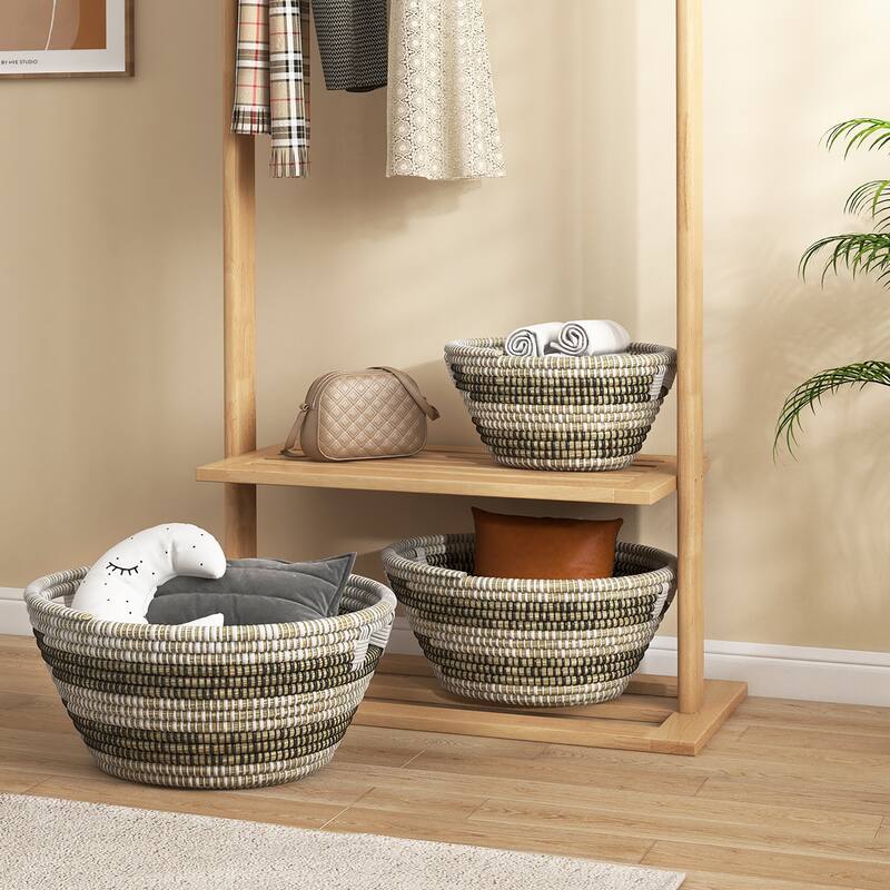 Gymax Natural Canes Grass Baskets Stackable Storage Bins Set of 3 w/