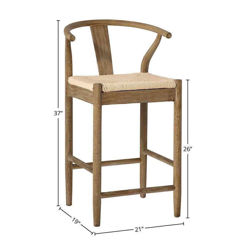 Emilio Mid-Century Modern Curved Back Natural Finish Oak Counter Stool with Woven Craft Paper Seat