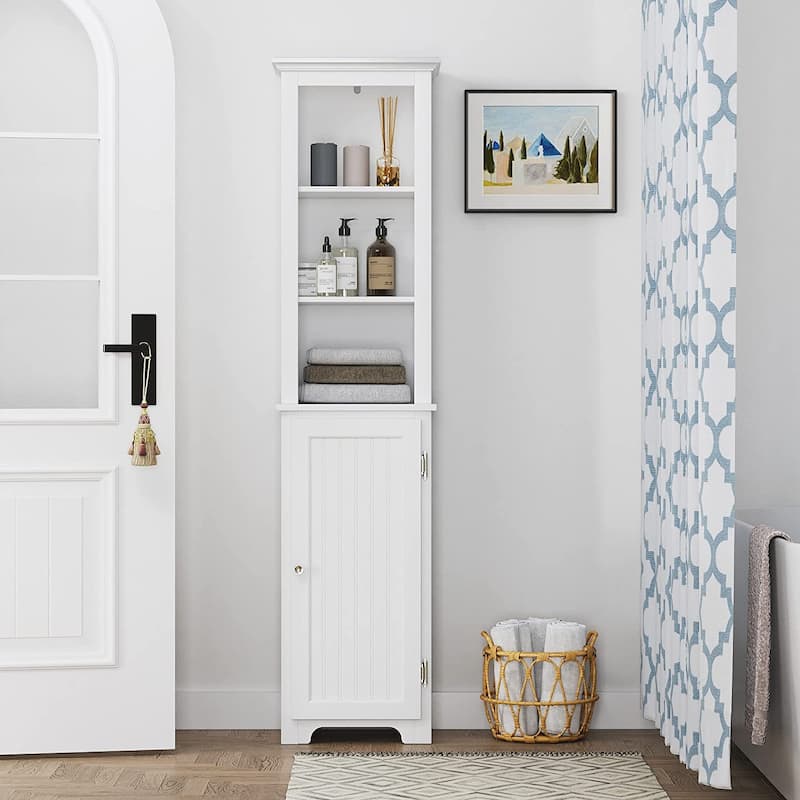 UTEX 64" Freestanding Storage Cabinet, Bathroom Tall Cabinet with Doors and Shelves, Free Standing Linen Tower