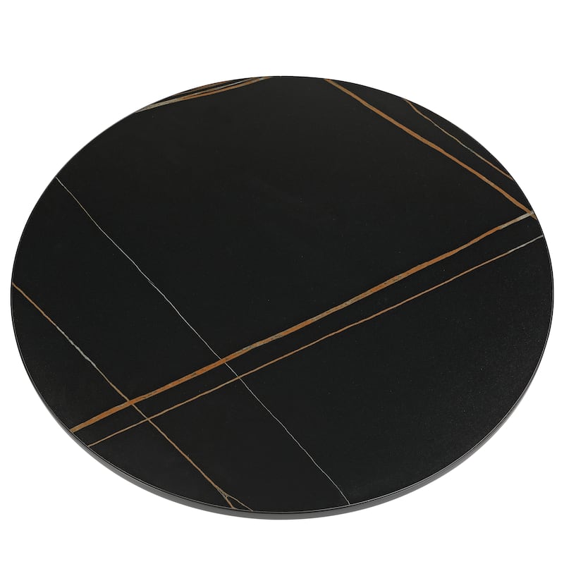 30-Inch Round Coffee Table Glass/Stone Tabletop with Black Iron Rim Frame Glass Pedestal Base