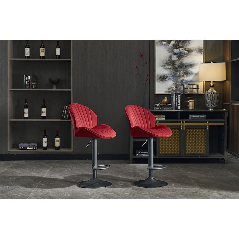 Adjustable Swivel Bar Stools Set of 2, Counter Height Bar Chairs with Back, Velvet Armless Dining Chair with Footrest - Red