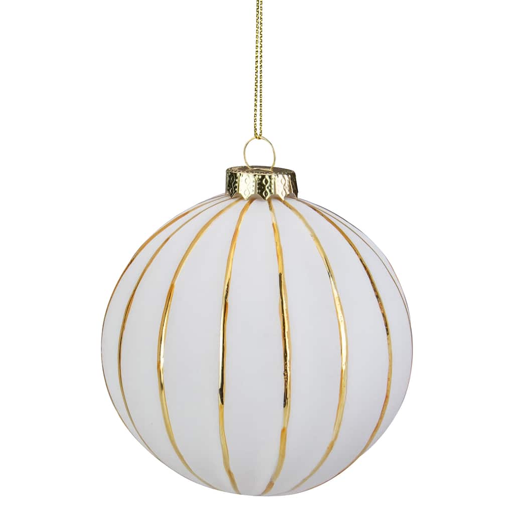 Gold Striped Christmas Glass Ball Ornament - 4" - White and Gold